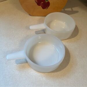 Two (2F) Fire King Anchor Hocking 14oz Milk Glass Casserole w Handle  J2639